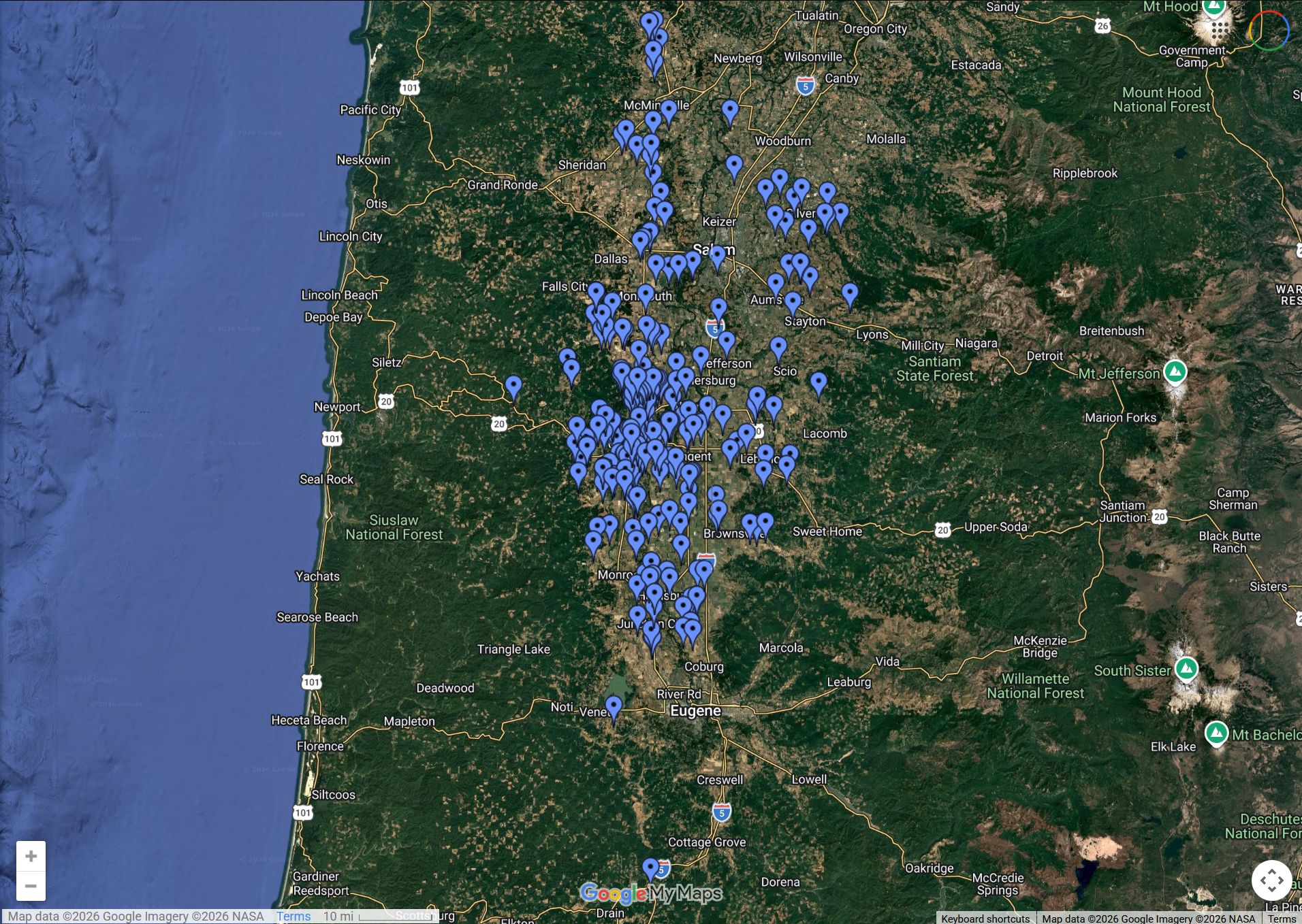 Google Maps screenshot with markers at 259 points all around the Willamette Valley, from Yamhill to Anlauf.